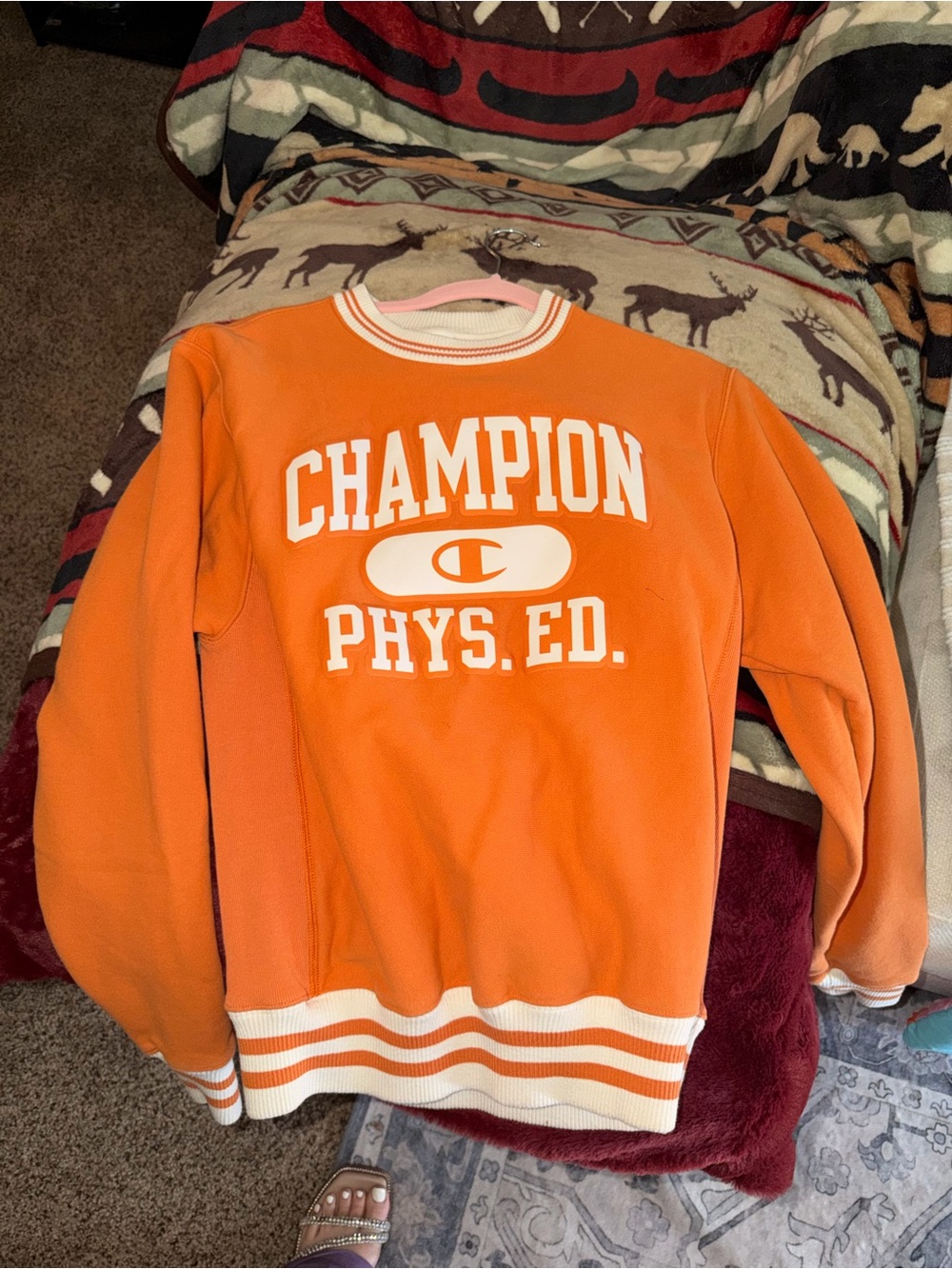 Champion Orange Crewneck Sweatshirt with White Phys. Ed. Logo